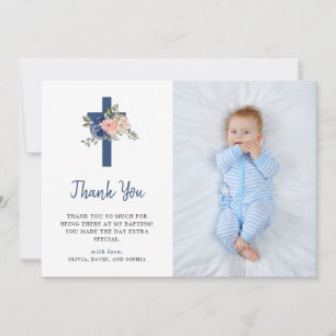 Blush en Navy Floral en Cross   Fotobaptisme Bedankkaart