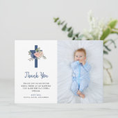 Blush en Navy Floral en Cross | Fotobaptisme Bedankkaart (Staand voorkant)