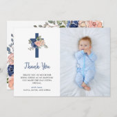 Blush en Navy Floral en Cross | Fotobaptisme Bedankkaart (Voorkant / Achterkant)