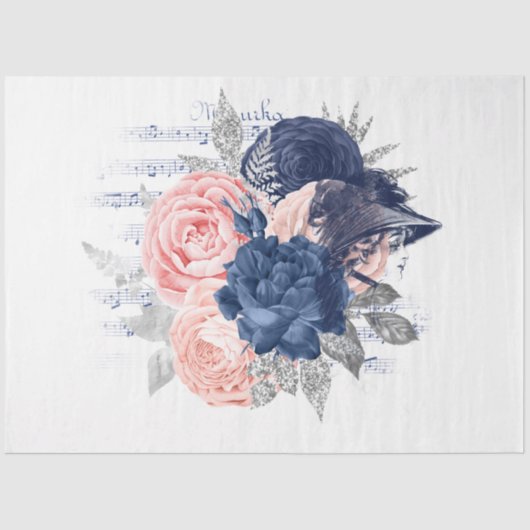 Blush en Navy Floral Ephemera Series Design 8 Tissuepapier (Voorkant)