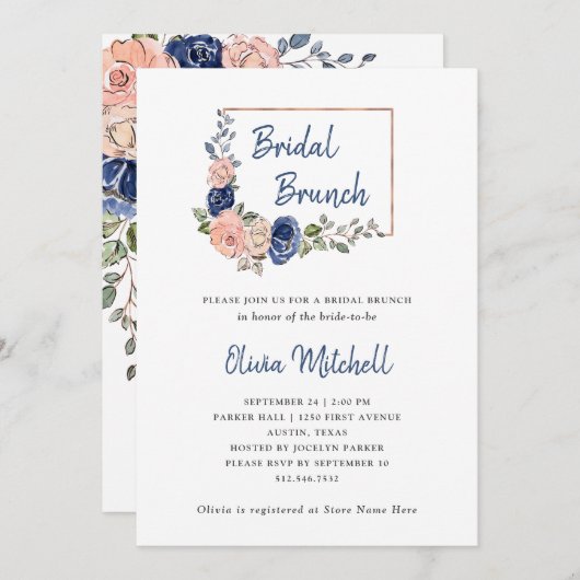 Blush en Navy Floral Geometric | Bridal Brunch Kaart (Voorkant / Achterkant)