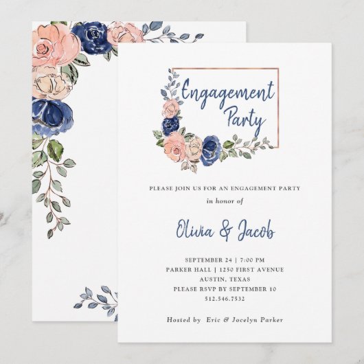 Blush en Navy Floral Geometric | Engagement Party Kaart (Voorkant / Achterkant)