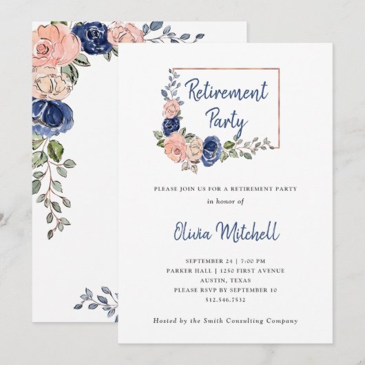 Blush en Navy Floral Geometric | Pensioenpartij Kaart (Voorkant / Achterkant)