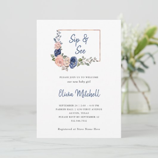 Blush en Navy Floral Geometric | Sip en Zie Kaart (Staand voorkant)