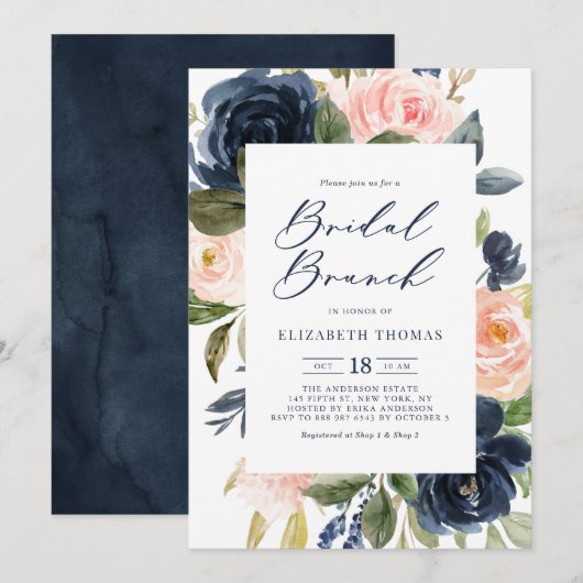 Blush en Navy Floral Lijst Herfst Bridal Brunch Kaart (Voorkant / Achterkant)