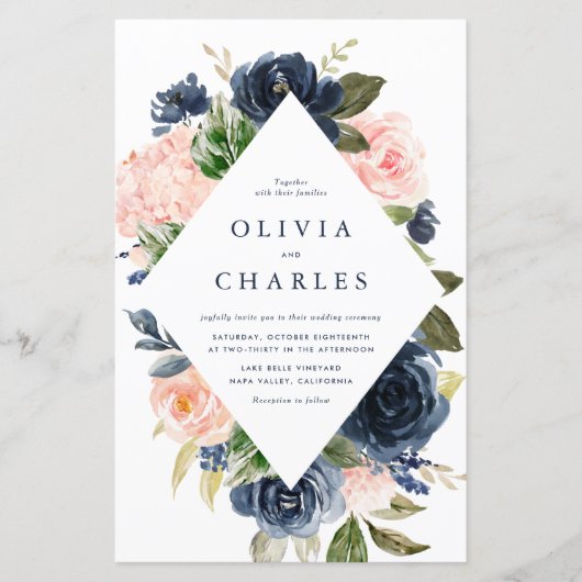 Blush en Navy Floral Lijst huwelijksuitnodiging (Voorkant)