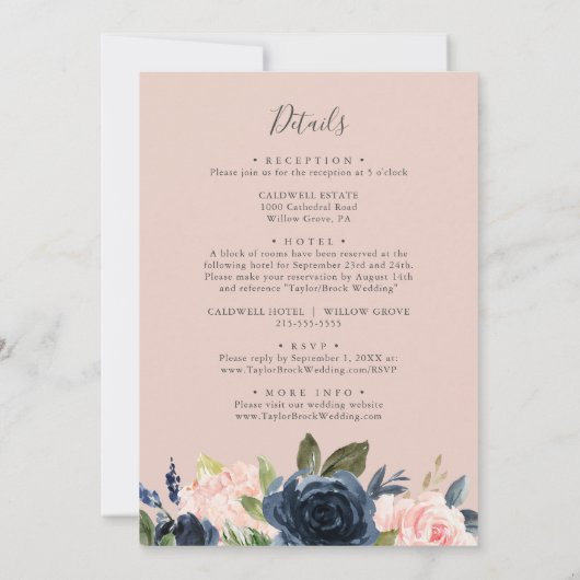 Blush en Navy Flowers | Alles-in-één-bruiloft wit Kaart (Achterkant)