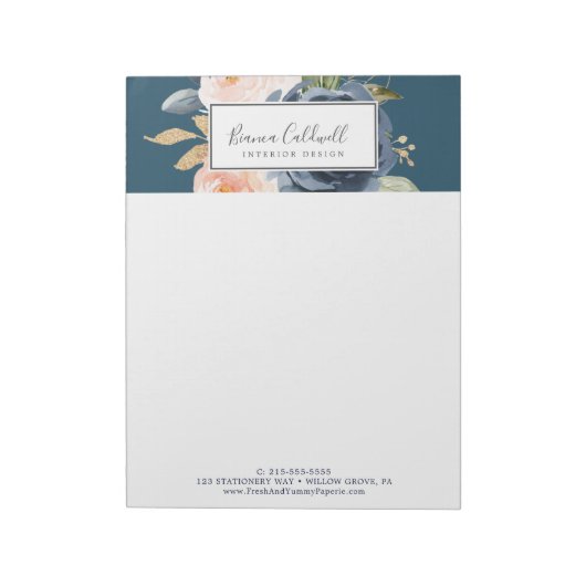 Blush en Navy Flowers | Blauw 8,5 x 11-inch bedrij Notitieblok (Linkerzijde)