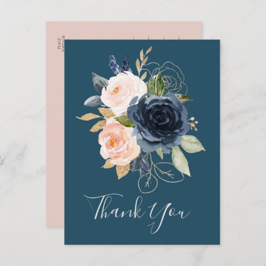 Blush en Navy Flowers | Blauw bedankt Briefkaart (Voorkant / Achterkant)