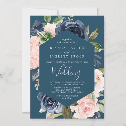 Blush en Navy Flowers | Blauw huwelijk Kaart (Voorkant)