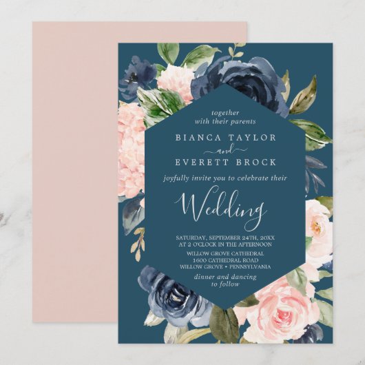 Blush en Navy Flowers | Blauw huwelijk Kaart (Voorkant / Achterkant)