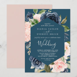Blush en Navy Flowers | Blauw huwelijk Kaart