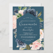 Blush en Navy Flowers | Blauw Quinceañera Kaart (Voorkant)