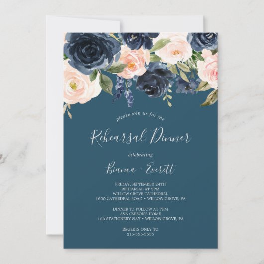 Blush en Navy Flowers | Blauw repetitief diner Kaart (Voorkant)
