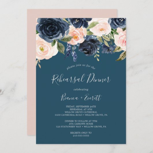 Blush en Navy Flowers | Blauw repetitief diner Kaart (Voorkant / Achterkant)
