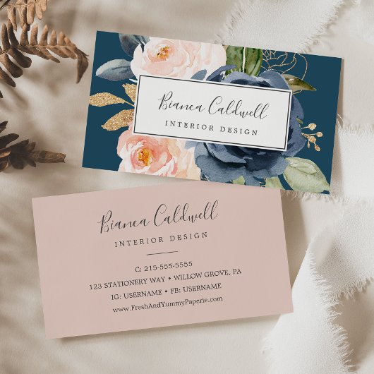 Blush en Navy Flowers | Blauw Visitekaartje