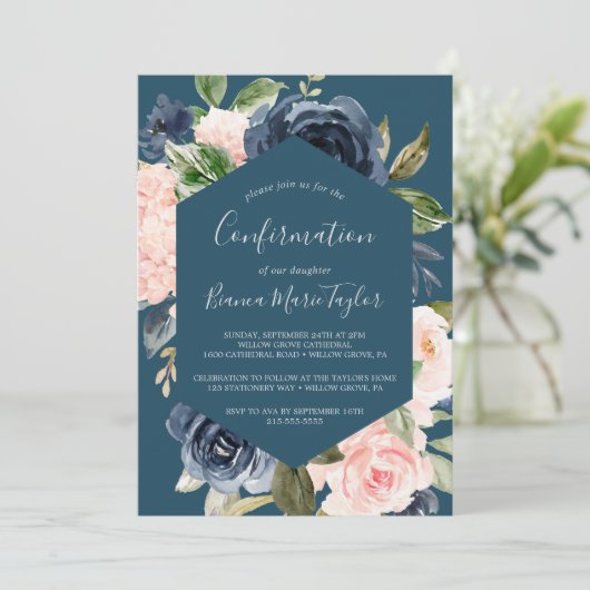 Blush en Navy Flowers | Blauwe bevestiging Kaart (Staand voorkant)