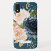 Blush en Navy Flowers | Blauwe persoonlijke naam Case-Mate iPhone Case (Achterkant)
