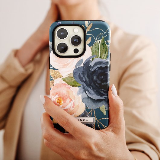 Blush en Navy Flowers | Blauwe persoonlijke naam Case-Mate iPhone Case