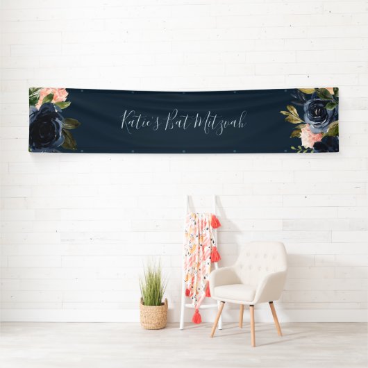 Blush en Navy Flowers | Blue Bat Mitzvah Spandoek (Insitu)