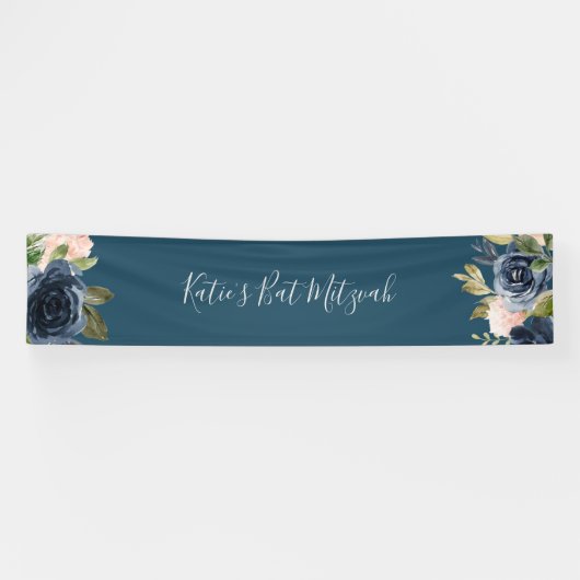Blush en Navy Flowers | Blue Bat Mitzvah Spandoek (Horizontaal)