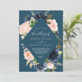 Blush en Navy Flowers | Blue Diamond Wedding Kaart (Staand voorkant)
