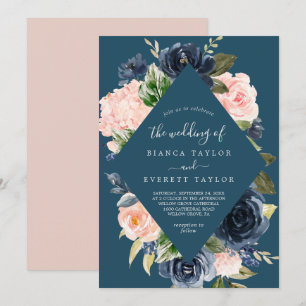Blush en Navy Flowers   Blue Diamond Wedding Kaart