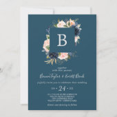 Blush en Navy Flowers | Blue Monogram Weddenschap Kaart (Voorkant)