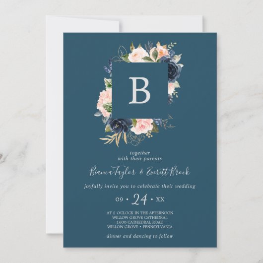Blush en Navy Flowers | Blue Monogram Weddenschap Kaart (Voorkant)