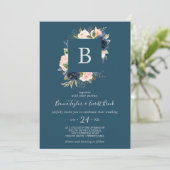 Blush en Navy Flowers | Blue Monogram Weddenschap Kaart (Staand voorkant)