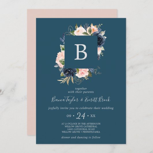 Blush en Navy Flowers | Blue Monogram Weddenschap Kaart (Voorkant / Achterkant)