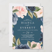 Blush en Navy Flowers | Casual blauwe bruiloft Kaart (Voorkant)