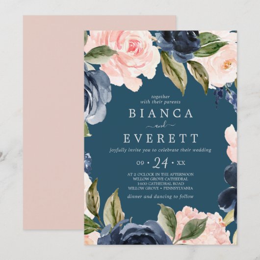 Blush en Navy Flowers | Casual blauwe bruiloft Kaart (Voorkant / Achterkant)