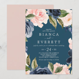Blush en Navy Flowers | Casual blauwe bruiloft Kaart