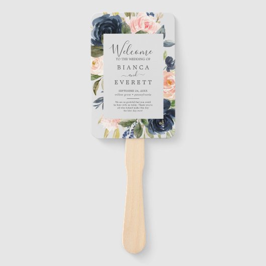 Blush en Navy Flowers | Gray Wedding Programme Fan Handwaaier (Voorkant)