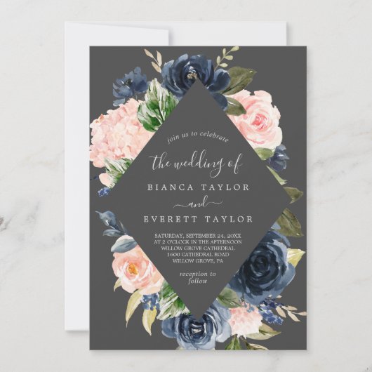 Blush en Navy Flowers | Grijs in één huwelijk Kaart (Voorkant)