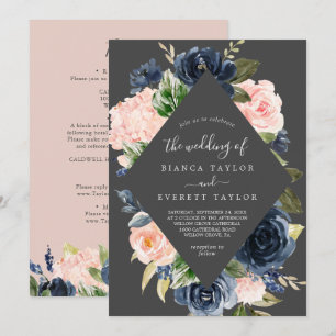 Blush en Navy Flowers Grijs in één huwelijk Kaart