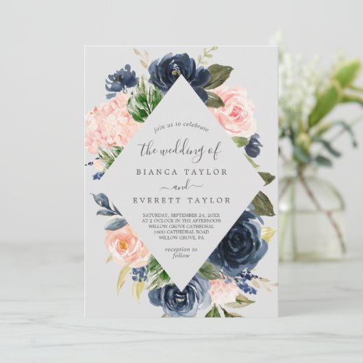 Blush en Navy Flowers | Grijs in één huwelijk Kaart (Staand voorkant)