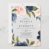 Blush en Navy Flowers | Licht grijs Casual huwelij Kaart (Voorkant)