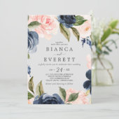 Blush en Navy Flowers | Licht grijs Casual huwelij Kaart (Staand voorkant)