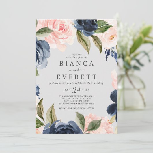 Blush en Navy Flowers | Licht grijs Casual huwelij Kaart (Staand voorkant)