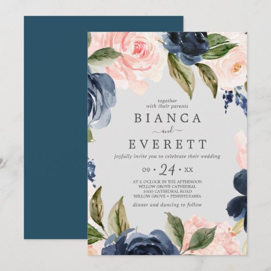 Blush en Navy Flowers | Licht grijs Casual huwelij Kaart (Voorkant / Achterkant)