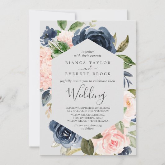 Blush en Navy Flowers | Licht grijs huwelijk Kaart (Voorkant)