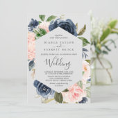 Blush en Navy Flowers | Licht grijs huwelijk Kaart (Staand voorkant)