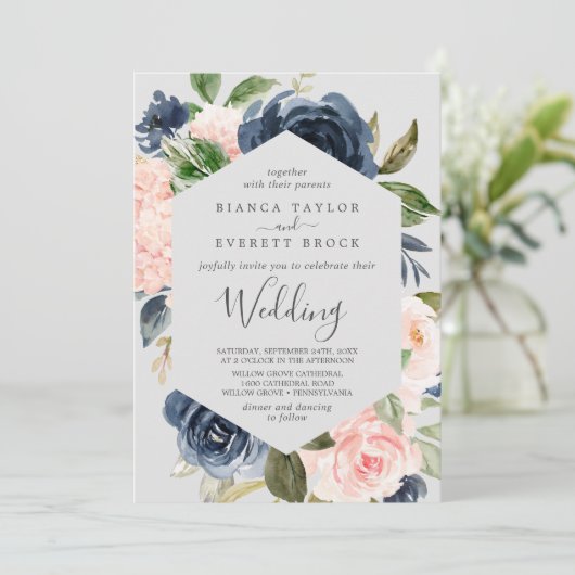 Blush en Navy Flowers | Licht grijs huwelijk Kaart (Staand voorkant)