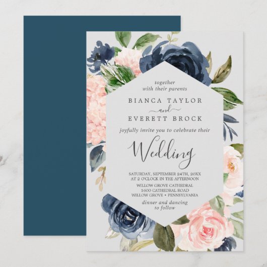 Blush en Navy Flowers | Licht grijs huwelijk Kaart (Voorkant / Achterkant)