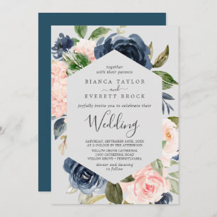 Blush en Navy Flowers   Licht grijs huwelijk Kaart