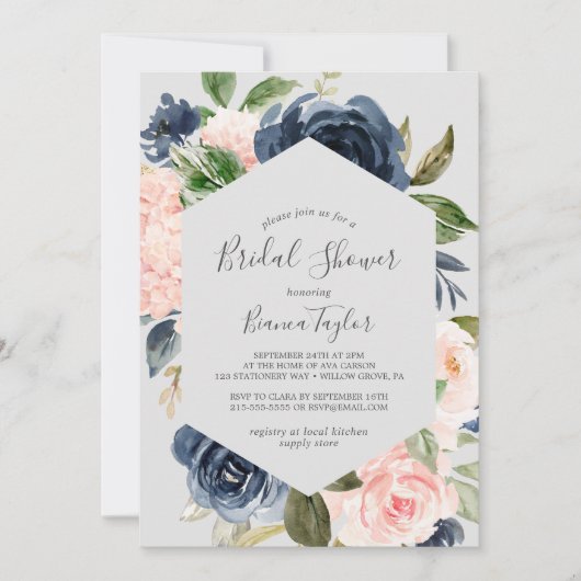 Blush en Navy Flowers | Licht grijs Vrijgezellenfe Kaart (Voorkant)