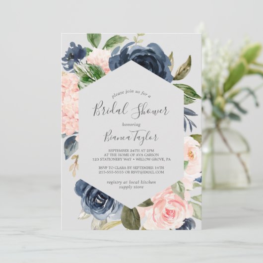 Blush en Navy Flowers | Licht grijs Vrijgezellenfe Kaart (Staand voorkant)