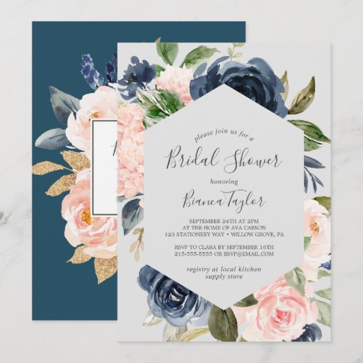 Blush en Navy Flowers | Licht grijs Vrijgezellenfe Kaart (Voorkant / Achterkant)